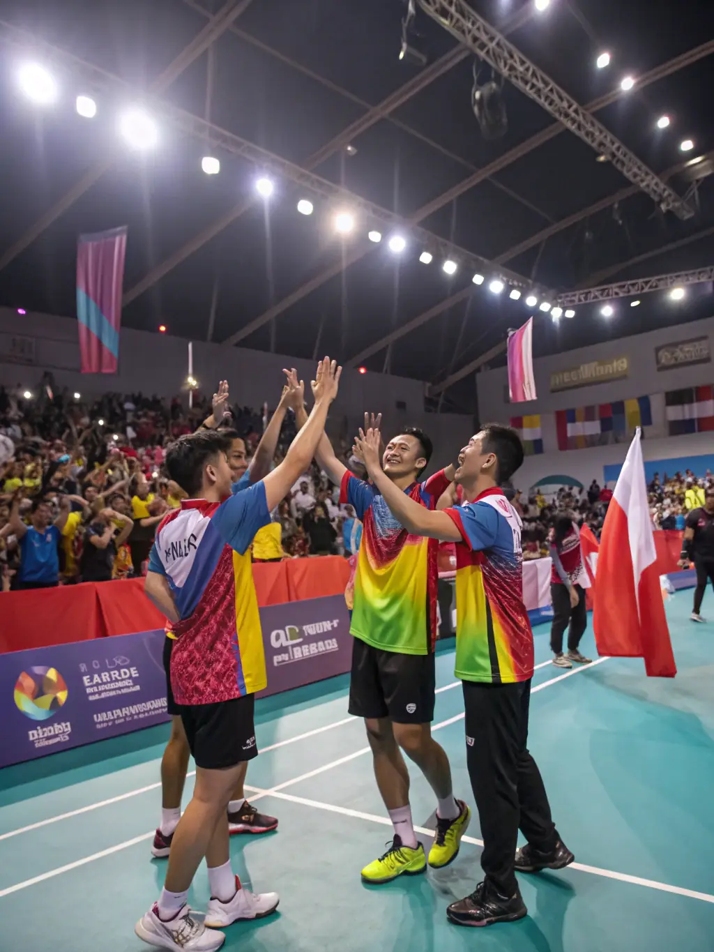 A group of badminton players laughing and interacting during a break, highlighting the social aspect of the sport.