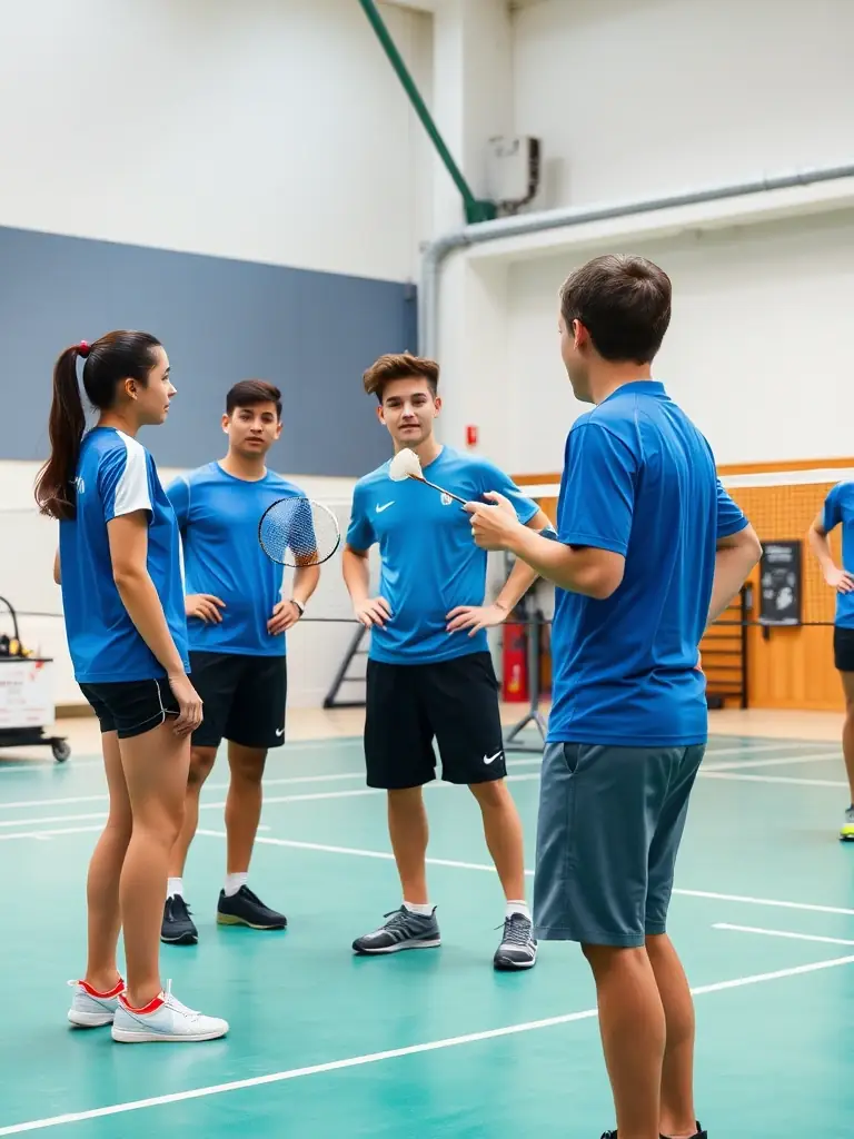 A dynamic shot of badminton players in action, emphasizing the speed and agility required in the sport, set in a local gymnasium.