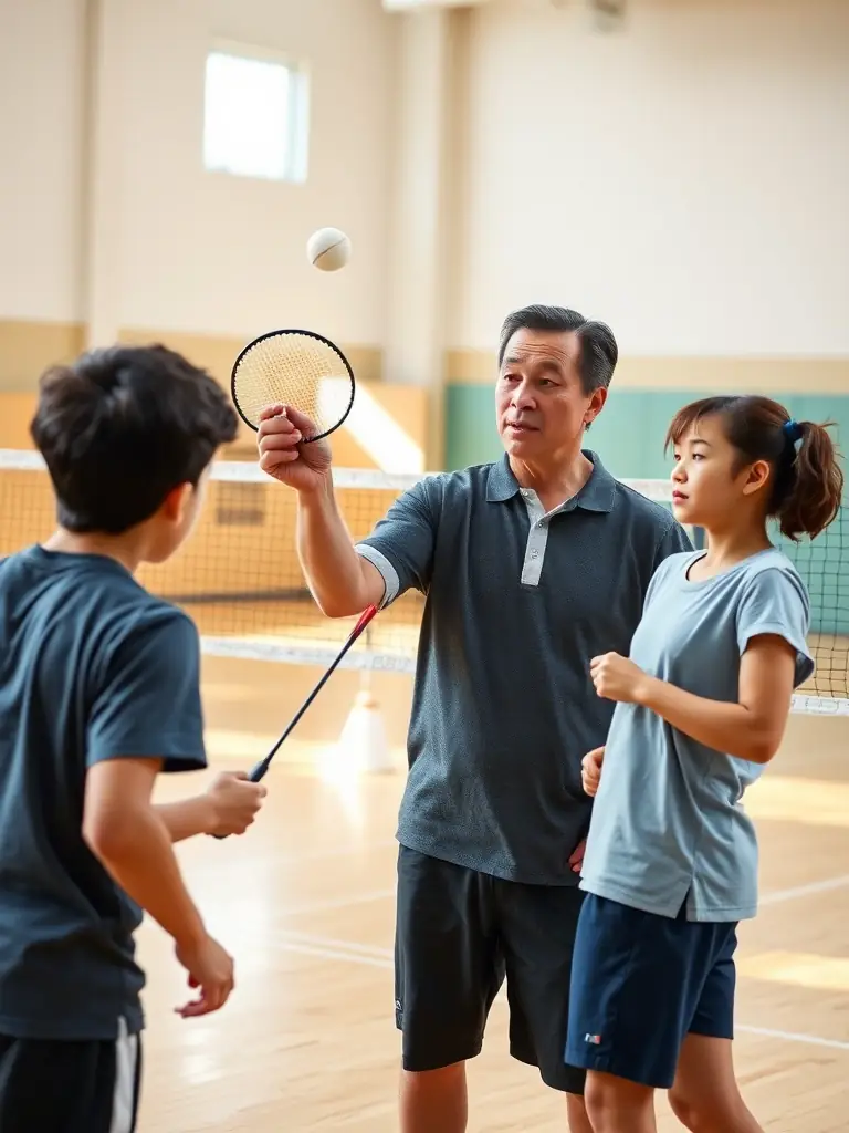 A badminton coach guiding young players, emphasizing skill development and sportsmanship in a positive learning environment.