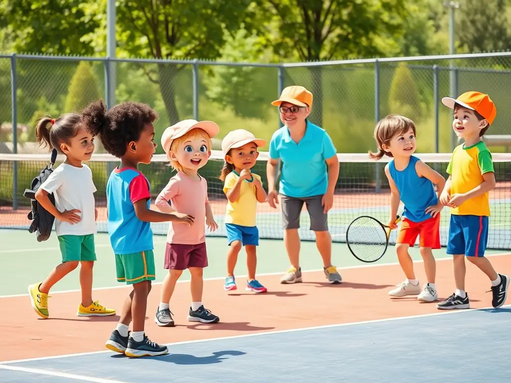 A vibrant image of children participating in a beginner's badminton workshop, focusing on fundamental skills and teamwork, set in a brightly lit gymnasium with supportive instructors.