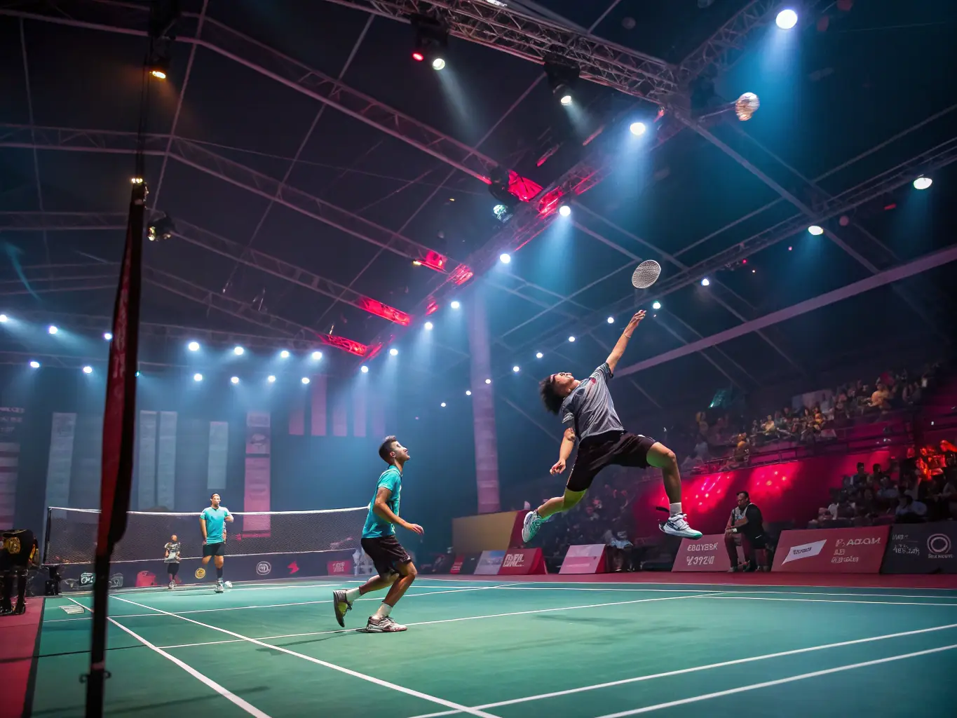 A dynamic shot of badminton players in action during a local tournament, showcasing the intensity and excitement of competitive play.