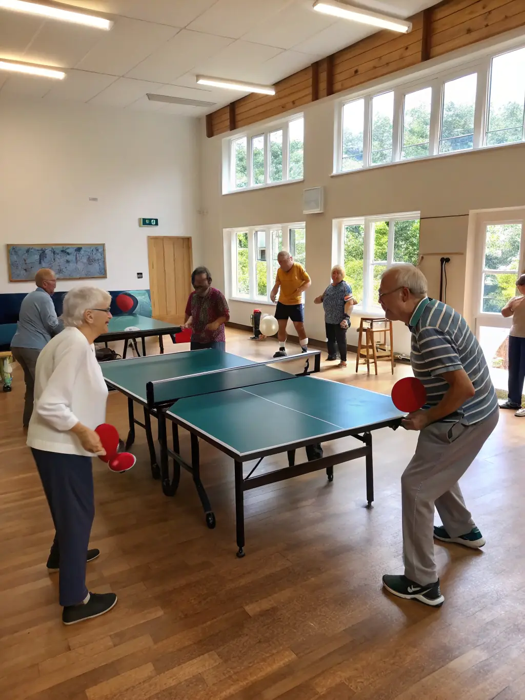 A diverse group of people playing badminton, showcasing inclusivity and accessibility for all ages and skill levels.
