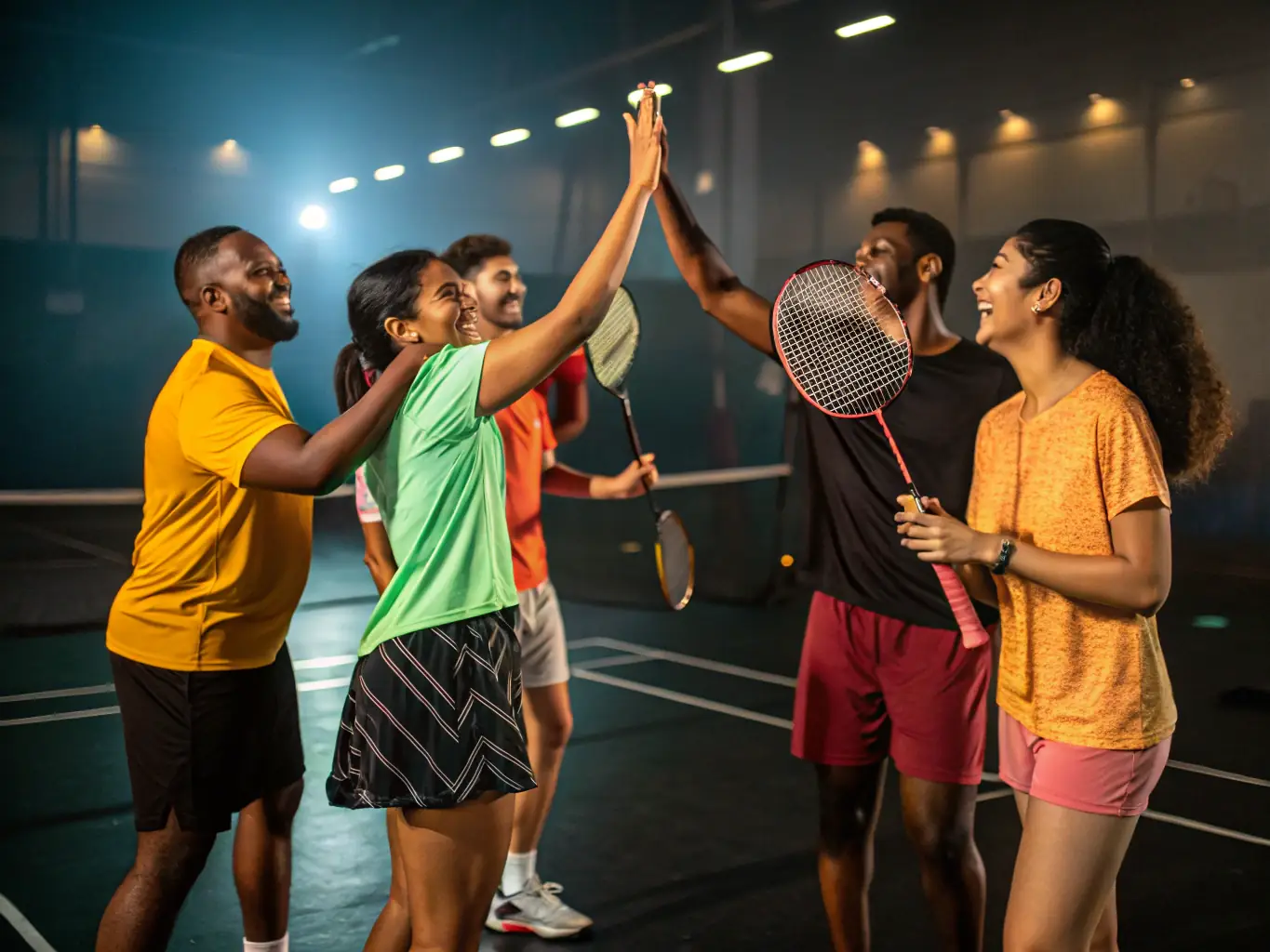 An inclusive badminton session with participants of all ages and abilities, highlighting the accessibility and community spirit of the sport.