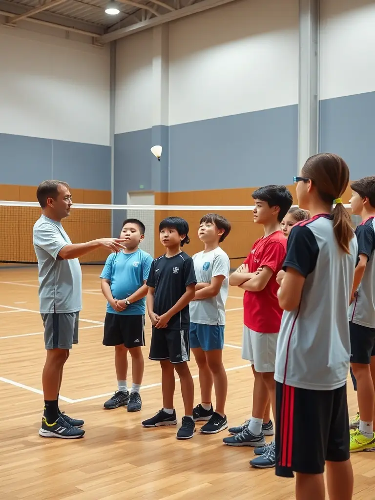 A dynamic action shot of children participating in a badminton training session, showcasing their enthusiasm and engagement with the sport.