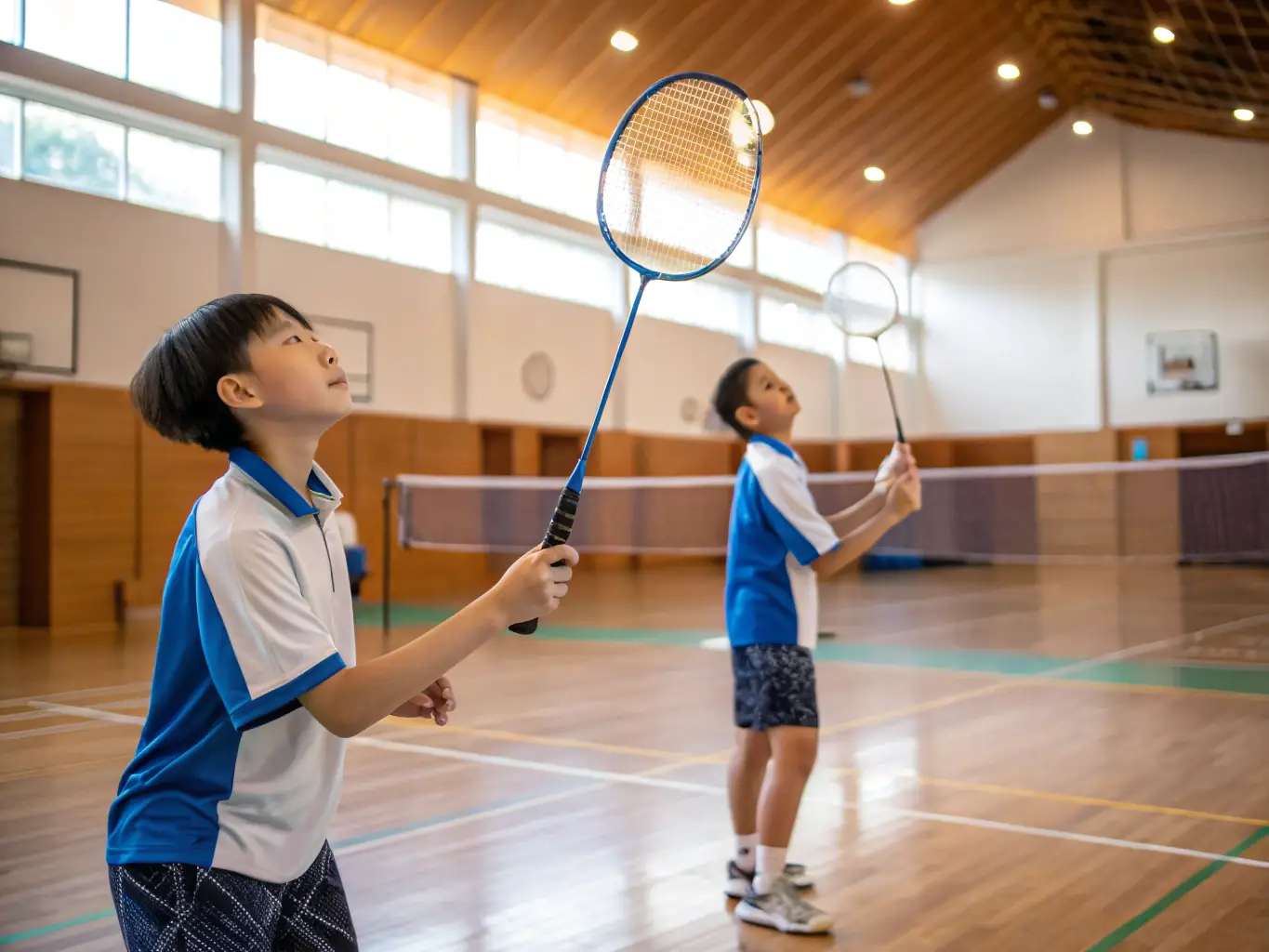 A group of young badminton players participating in a training session, focusing on skill development and teamwork.