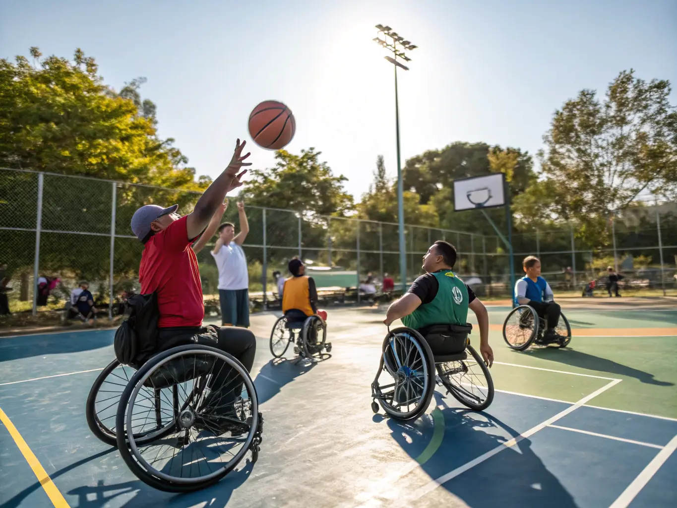 A diverse group of participants, including individuals with disabilities, enjoying a friendly badminton game, highlighting inclusivity and accessibility in the sport.
